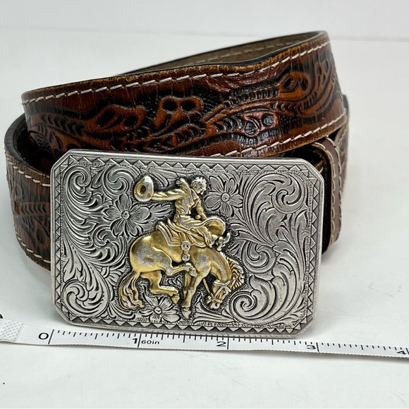 Nocona Western Belt Youth Horse Bronco Rider Buckle Brown Leather Belt 26" - Picture 1 of 8